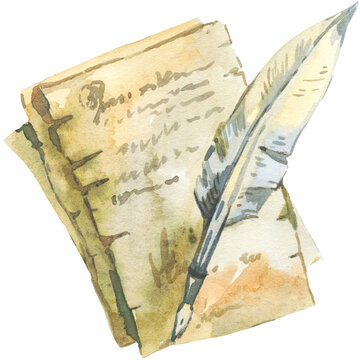 old paper with feather pen and ink isolated watercolor transparent PNG illustration