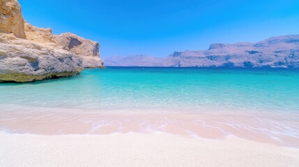 Fototapeta premium Tranquil beach cove, vibrant turquoise water, pristine white sand, dramatic cliffs