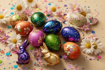 Fototapeta premium Colorful Easter eggs and daisies on a festive background.