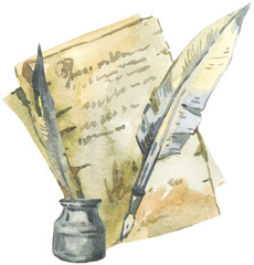 old paper and feather isolated watercolor transparent PNG illustration