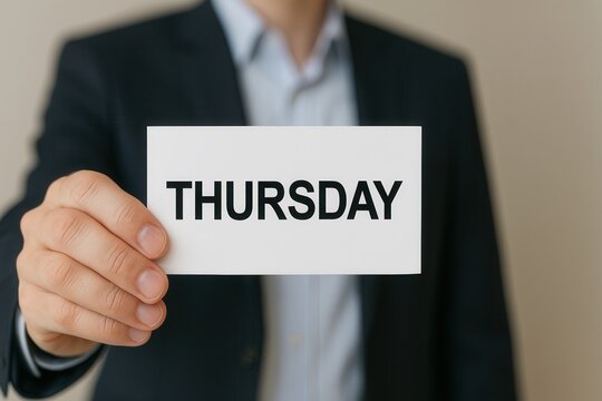 Businessman showing thursday sign in front of him