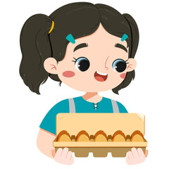 Cute asian girl is so happy holding one cart of eggs