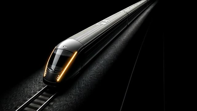 Sleek high speed train with glowing lights traveling on rails through a dark landscape, emphasizing modern transportation.