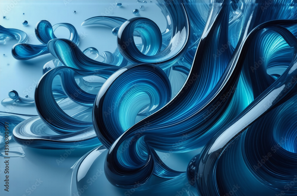 Poster glossy blue abstract forms swirl and flow gracefully, creating a dynamic and modern composition with