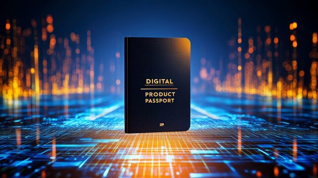 A digital product passport stands prominently against a captivating and futuristic backdrop of glowing technology, symbolizing the essence of innovation, digital identity, and advanced connectivity