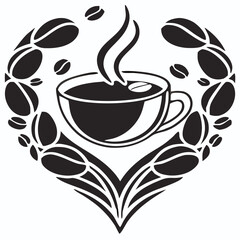 Heart Shaped Coffee Designs – Romantic Coffee Cup Illustrations with Beans, Steam, and Decorative Elements for Café Branding and Valentine’s Day.
