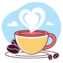 Heart Shaped Coffee Designs – Romantic Coffee Cup Illustrations with Beans, Steam, and Decorative Elements for Café Branding and Valentine’s Day.