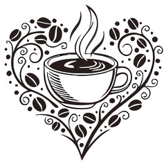 Heart Shaped Coffee Designs – Romantic Coffee Cup Illustrations with Beans, Steam, and Decorative Elements for Café Branding and Valentine’s Day.