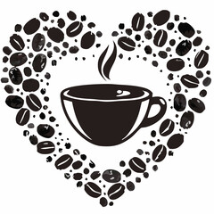 Heart Shaped Coffee Designs – Romantic Coffee Cup Illustrations with Beans, Steam, and Decorative Elements for Café Branding and Valentine’s Day.