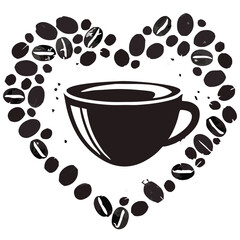 Heart Shaped Coffee Designs – Romantic Coffee Cup Illustrations with Beans, Steam, and Decorative Elements for Café Branding and Valentine’s Day.