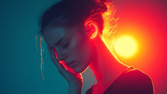 Glowing outline of a female head radiates intense light and swirling lines, symbolizing migraine, stress, and headache pain in a modern, abstract representation of inner struggle and tension.

