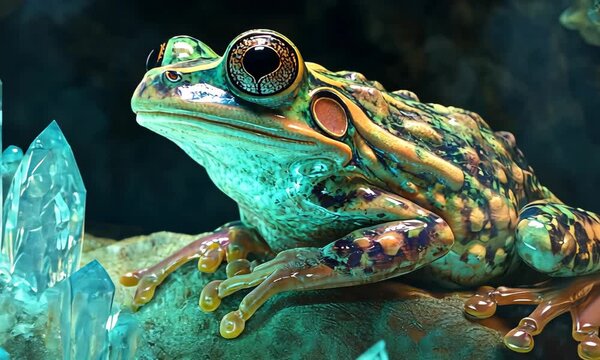 Colorful frog resting among luminous crystals in vibrant environment with ai generated.