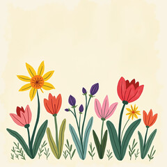 Fototapeta premium Spring cutest card or poster for the spring holiday with wildflowers, Narcissus flower, Crocus flowers. Hand drawn Floral art template for Womens Day , Easter, birthday and Mothers Day. Generative ai