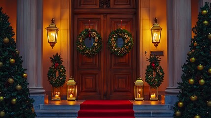 Obraz premium Luxury Christmas entryway grand wooden doors adorned festive wreaths golden candle lit lanterns on either side red carpet leading inside warm inviting ambiance