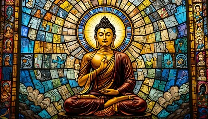 Obraz premium Stunning Buddha Stained Glass Window: Serenity and Spiritual Art