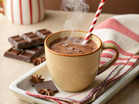 A steaming mug of rich hot chocolate, perfect for a cozy winter evening, nestled on a rustic tray with chocolate squares and star anise, soft lighting enhancing its warmth.