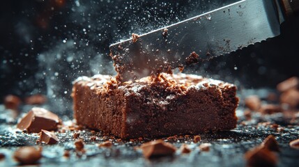 Fototapeta premium A decadent brownie being sliced, sending chocolatey goodness and powdered sugar flying