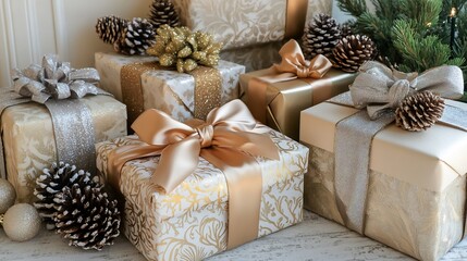 Luxury Christmas Gift Boxes set of elegantly wrapped gifts with silk ribbons gold and silver wrapping festive pinecone decorations and holiday luxury aesthetic