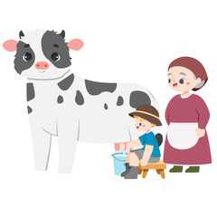 cute boy is milking a cow with grandma