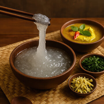 Papeda &ndash; Traditional Sago Porridge from Eastern Indonesia with Yellow Fish Sauce and Local Herbs