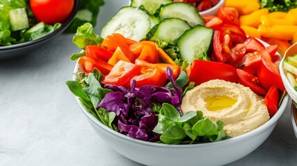 Fresh and Vibrant Vegetable Salad with Hummus on a Gray Surface