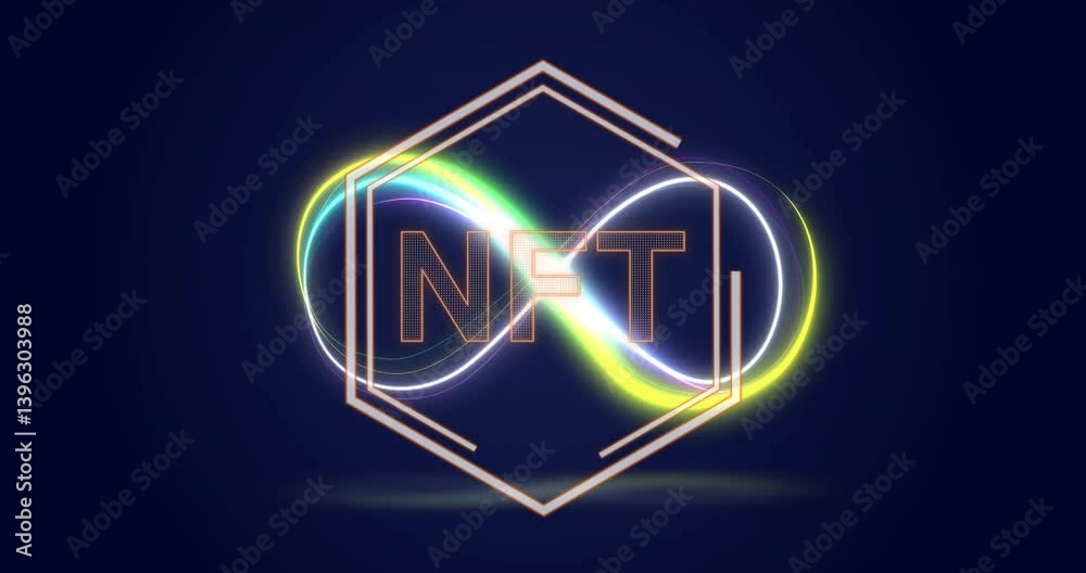 Poster glowing neon loops inside hexagon creating nft text on dark background animation