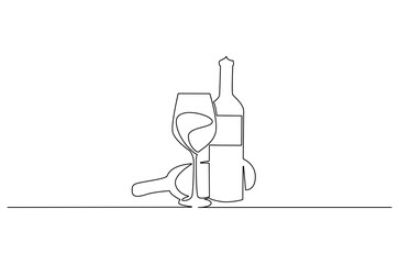 Continuous one line drawing of Wine bottle and wine glass. Single line drawing illustration of Wine bottle with glass. Alcoholic drink concept vector art. Doodle line illustration.