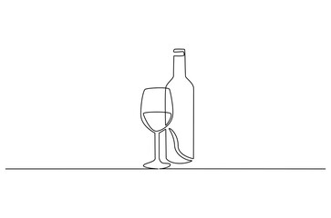 Continuous one line drawing of Wine bottle and wine glass. Single line drawing illustration of Wine bottle with glass. Alcoholic drink concept vector art. Doodle line illustration.