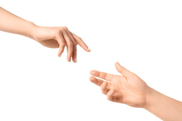 Hands of man and woman on white background