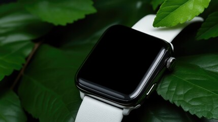 Modern smartwatch with white band, resting on vibrant green leaves