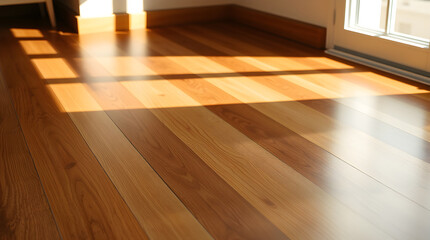 Sunlight illuminating polished parquet wooden floor in an empty room