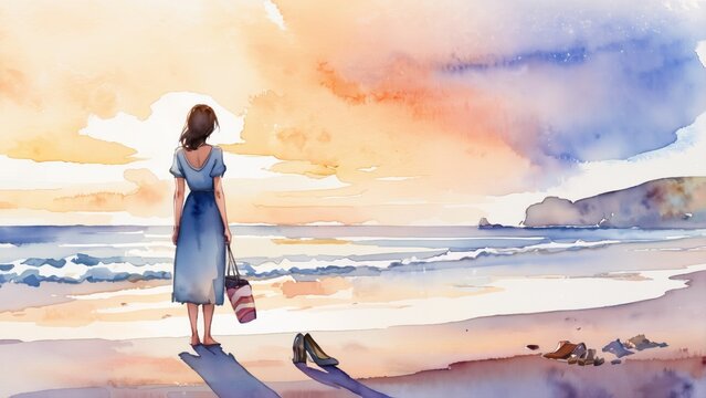 Woman Walking Barefoot at Sunrise