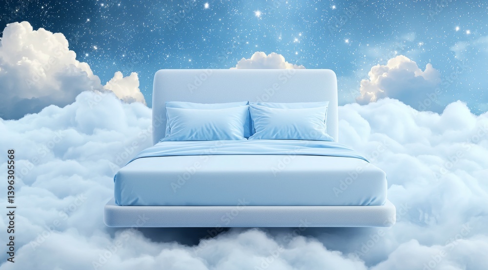 Wall mural bed is floating in the clouds with pillows and blankets