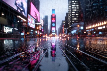 A city street with a large sign in the background