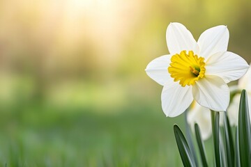 A white flower with yellow petals is in the foreground of a green field