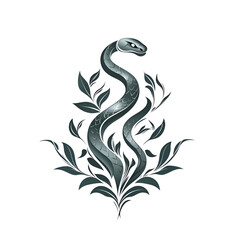 Fototapeta premium Elegant Silver Serpent Surrounded by Lush Greenery on a Transparent Background