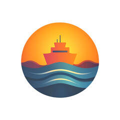 Obraz premium Silhouette of a Ship on the Ocean at Sunset with Waves and Vibrant Orange Sky in a Circular Design with a Transparent Background