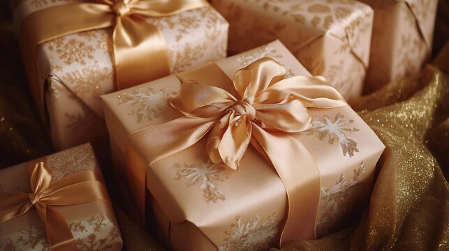 Luxury Christmas presents collection of elegantly wrapped gifts with silk ribbons golden wrapping and festive details