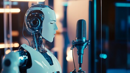 A futuristic robot with a metallic finish stands beside a vintage microphone, set in a modern, illuminated studio environment showcasing advanced technology and innovation