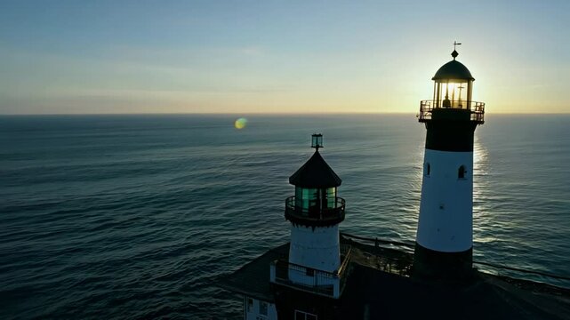 A scenic view of a lighthouse by the ocean during sunset.