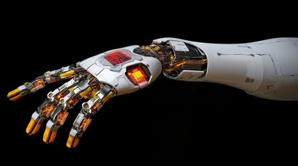 Futuristic arm. Bionic prosthetic hand reveals inner mechanics with wires, lights, and a smooth, white outer shell over black
