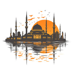 Obraz premium Silhouette of a Majestic Mosque Against a Vibrant Sunset with Reflection on Calm Water Surface
