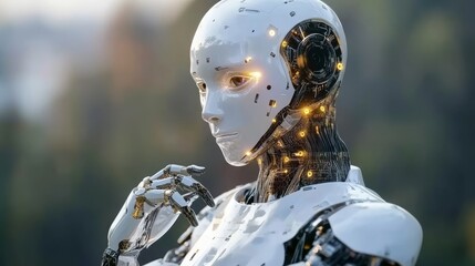 Futuristic humanoid robot gazes thoughtfully, intricate mechanics visible against an outdoor background