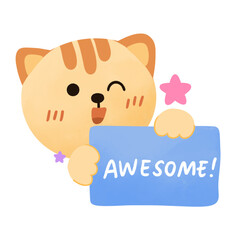 Fototapeta premium Cartoon happy cat awesome. Cute hand drawn illustration for sticker, school project, sign, poster, card