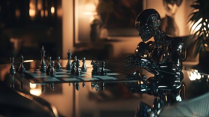 Futuristic robotic figure thoughtfully analyzing a chessboard in a dimly lit indoor setting with reflections and modern decor, capturing a tense moment of strategy and intellect