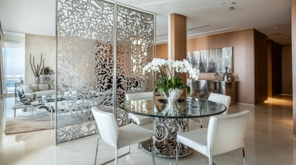 Modern Luxury Apartment Dining Area with Intricate Metal Room Divider
