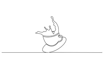 Fototapeta premium Continuous one line drawing of Coffee or tea splashes out of the cup. Single line drawing illustration of spilled coffee or tea. Coffe or tea concept vector art. Doodle line illustration.