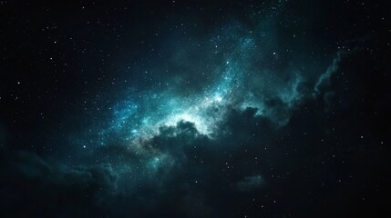 Fototapeta premium Galactic Swirl A serene, inky-blue space vista with a bright, swirling nebula at its center, dotted with countless distant stars