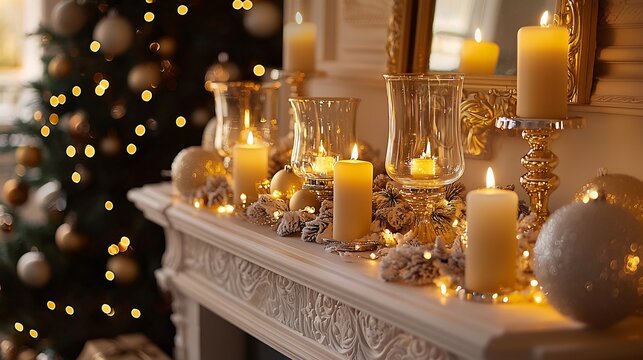Luxury holiday mantelpiece glamorous gold champagne colored decor elegant glass candle holders warm glowing lights and a cozy festive fireplace scene