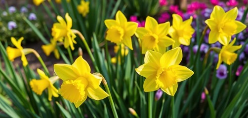 Bright yellow daffodils blooming in a spring garden, garden flowers, background